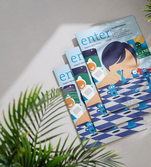 Titelbild des Swisscom-Magazins über Künstliche Intelligenz, gestaltet von Nordjungs. Illustration zeigt Kind mit Robotern auf einem Schachbrett.