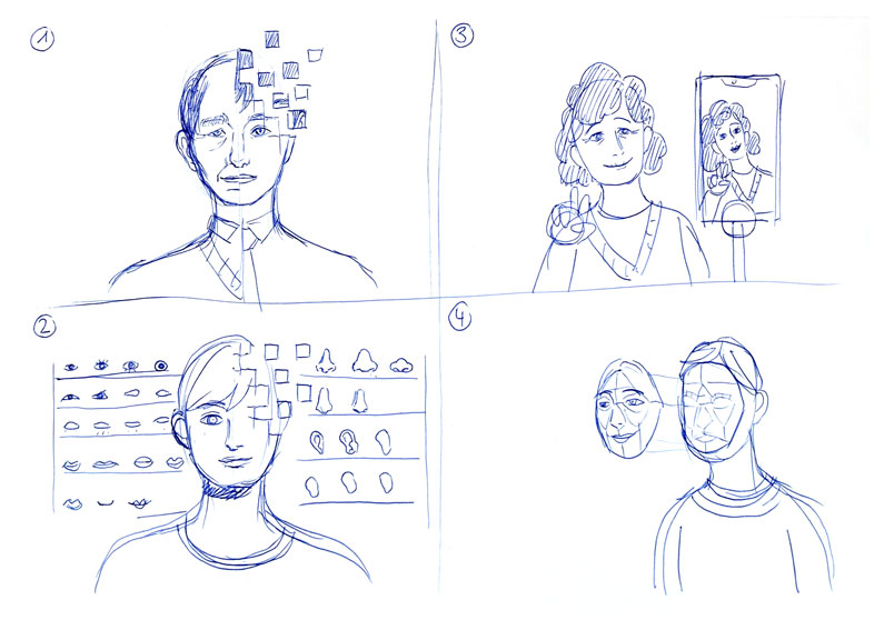 Vier von handgezeichnete Skizzen über das Thema Deepfakes: Digitale Gesichtserstellung, Auswahl von Gesichtsteilen, Selfie mit Gesichtsänderungsfilter, und eine Person mit einem anderem Gesicht im Vordergrund.