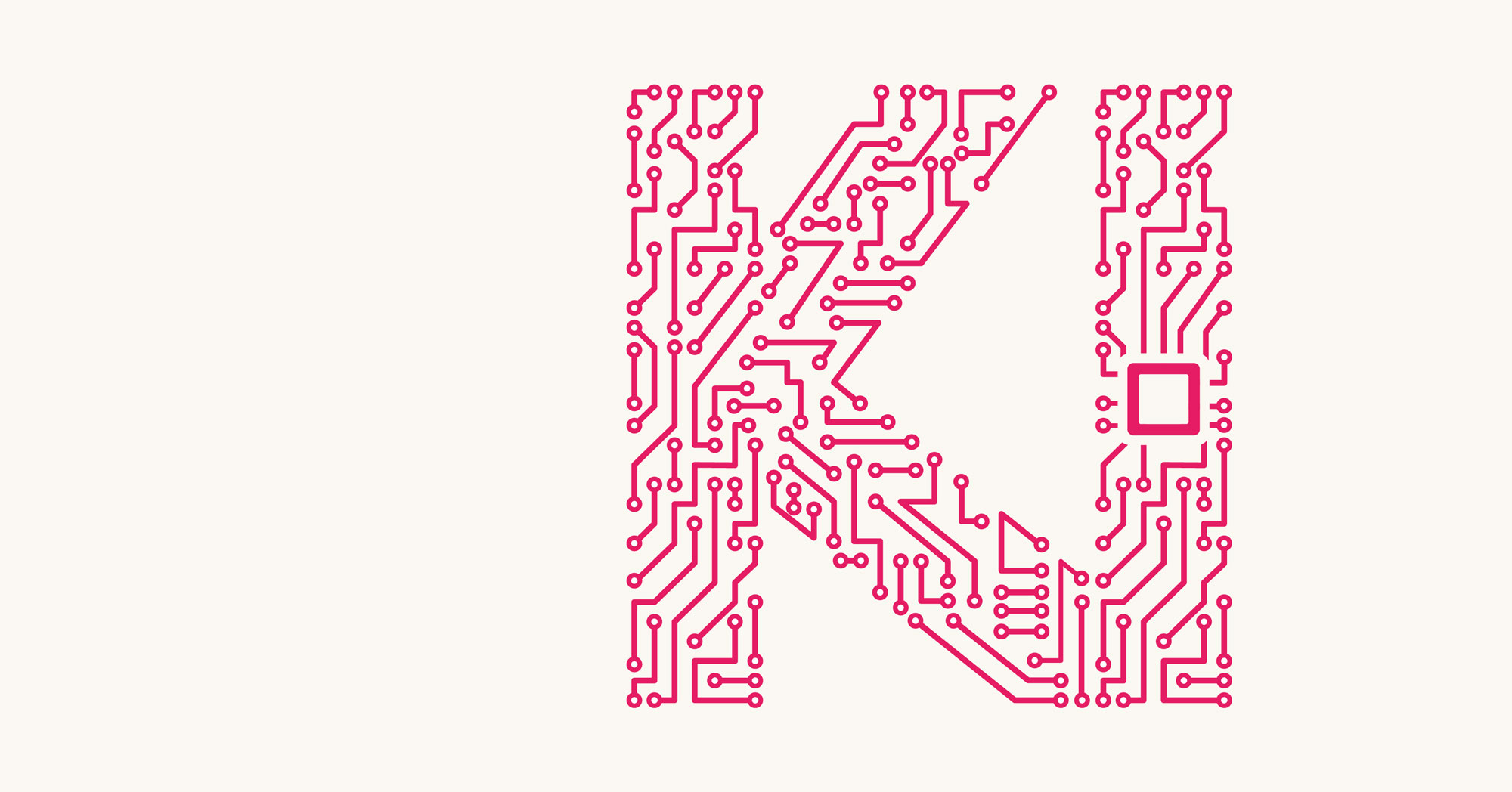 Stilisierte Buchstaben K und I für Künstliche Intelligenz, gestaltet als pinke Leiterplatte mit Mikrochip im Schaltkreisdesign – grafisches Element aus dem enter – Künstliche Intelligenz.